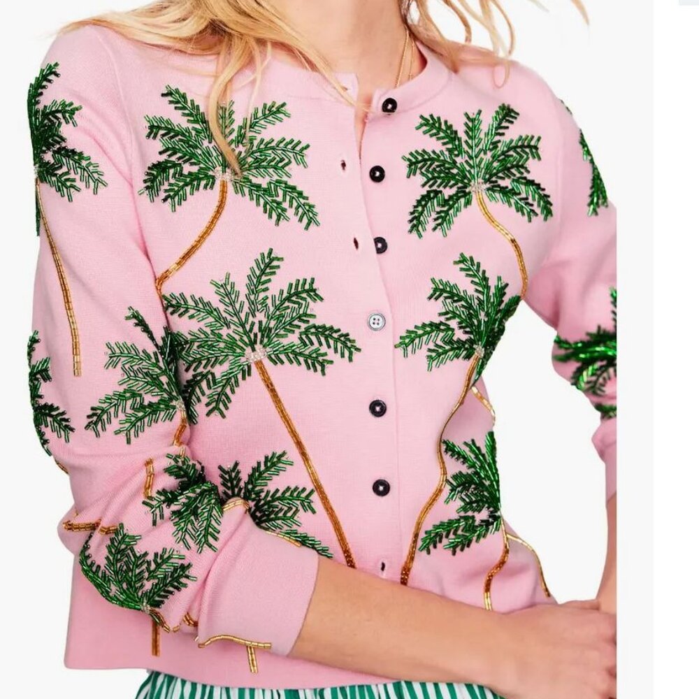 BODEN Bead Embellished Palm Trees Cardigan Soft Pink   NWT